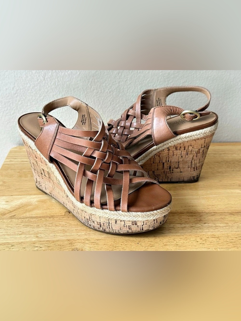 Franco Sarto Tammie Leather Cork Wedge Sandals Tan Women’s 8.5